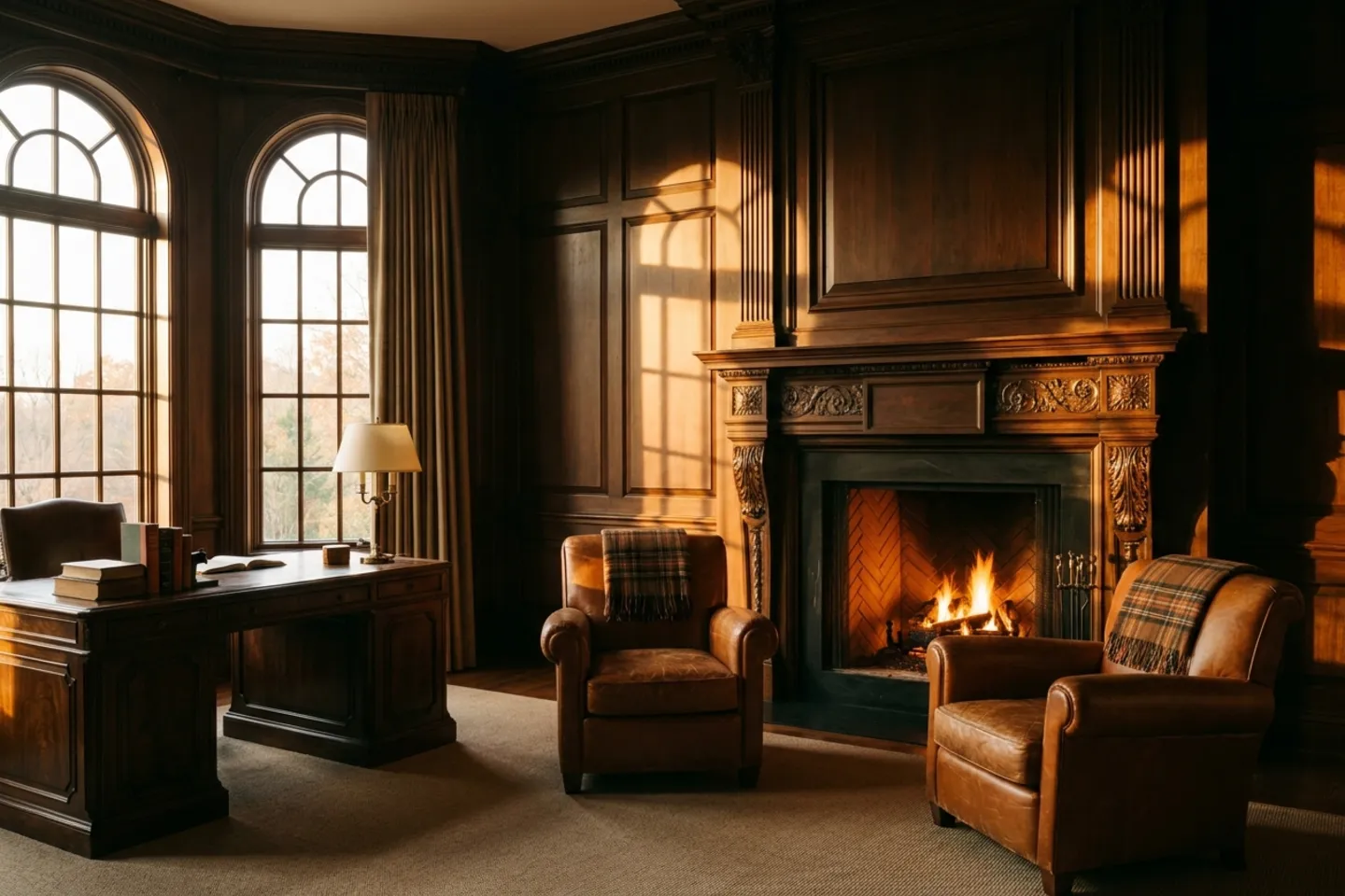 An empty formal study in a luxury estate in late afternoon, two leather armchairs facing a lit fireplace, warm golden sunlight streaming through tall arched windows
