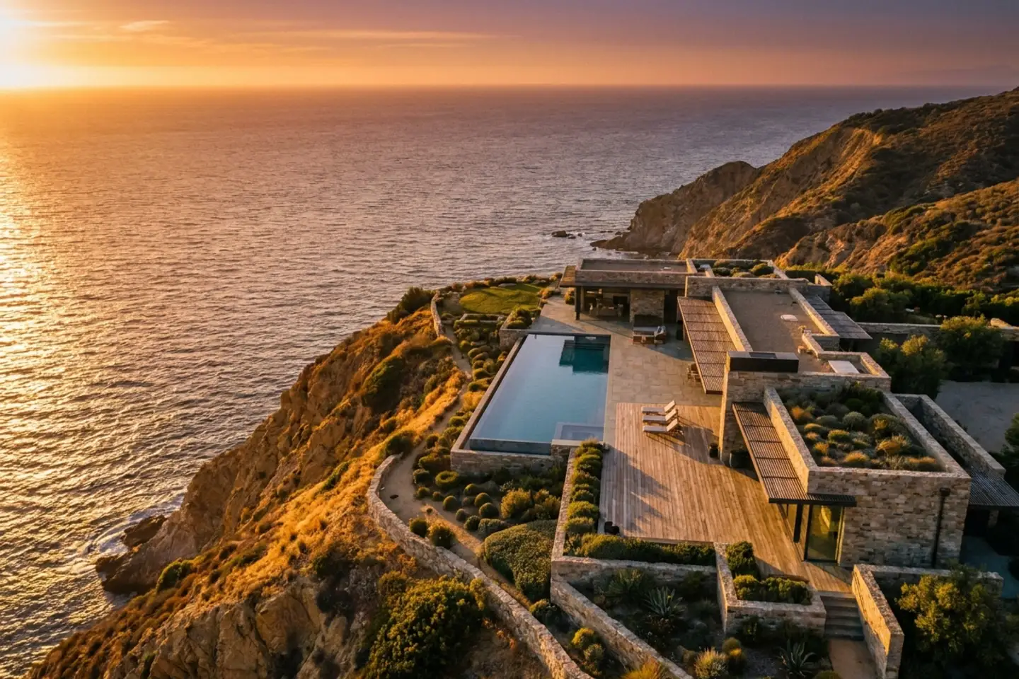 An aerial view at golden hour of an isolated luxury coastal estate on a cliff, warm low-angle sunlight across the property with golden reflections on the ocean