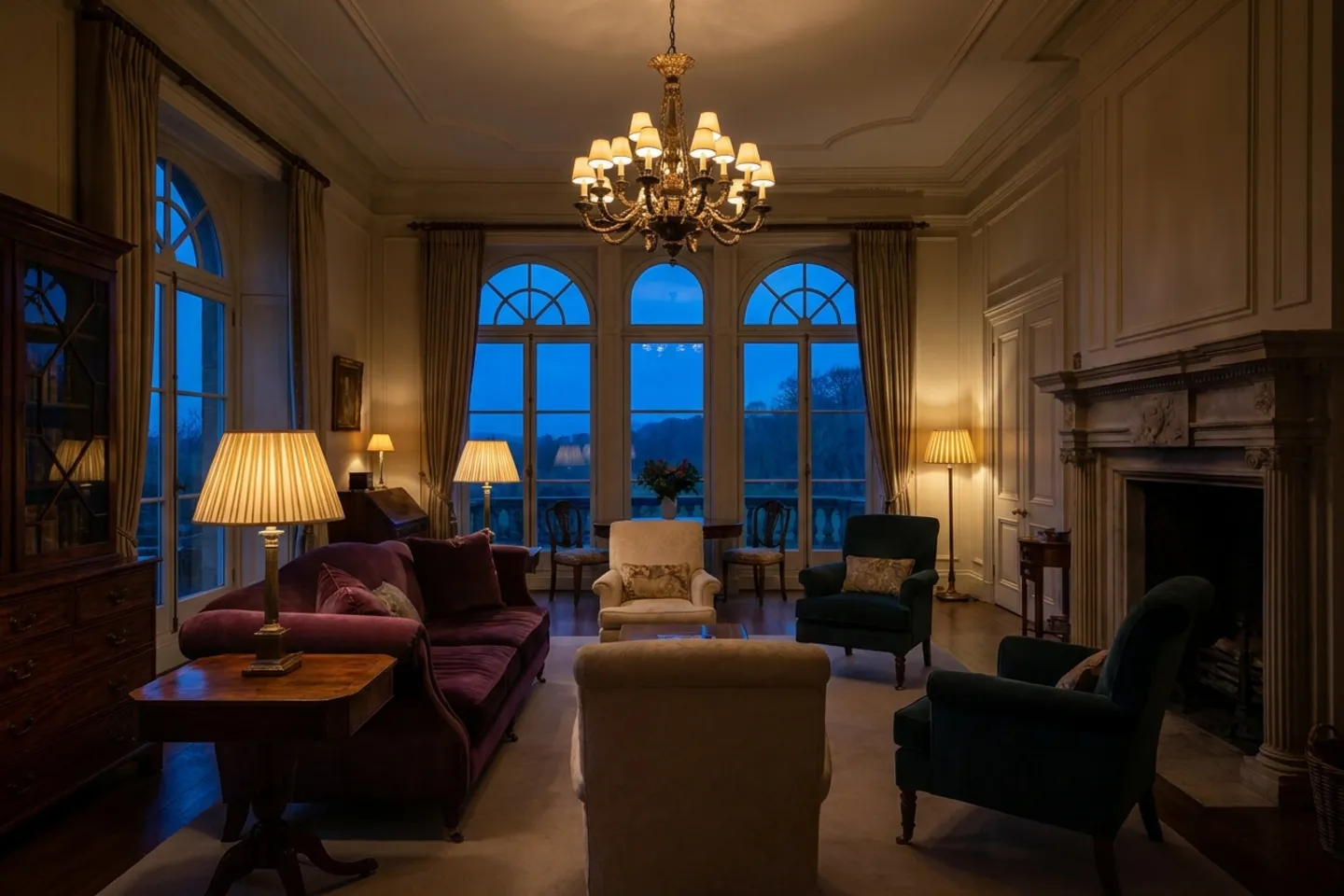 An elegant, empty formal living room in a luxury estate at dusk, warm lamplight against blue evening light through the windows